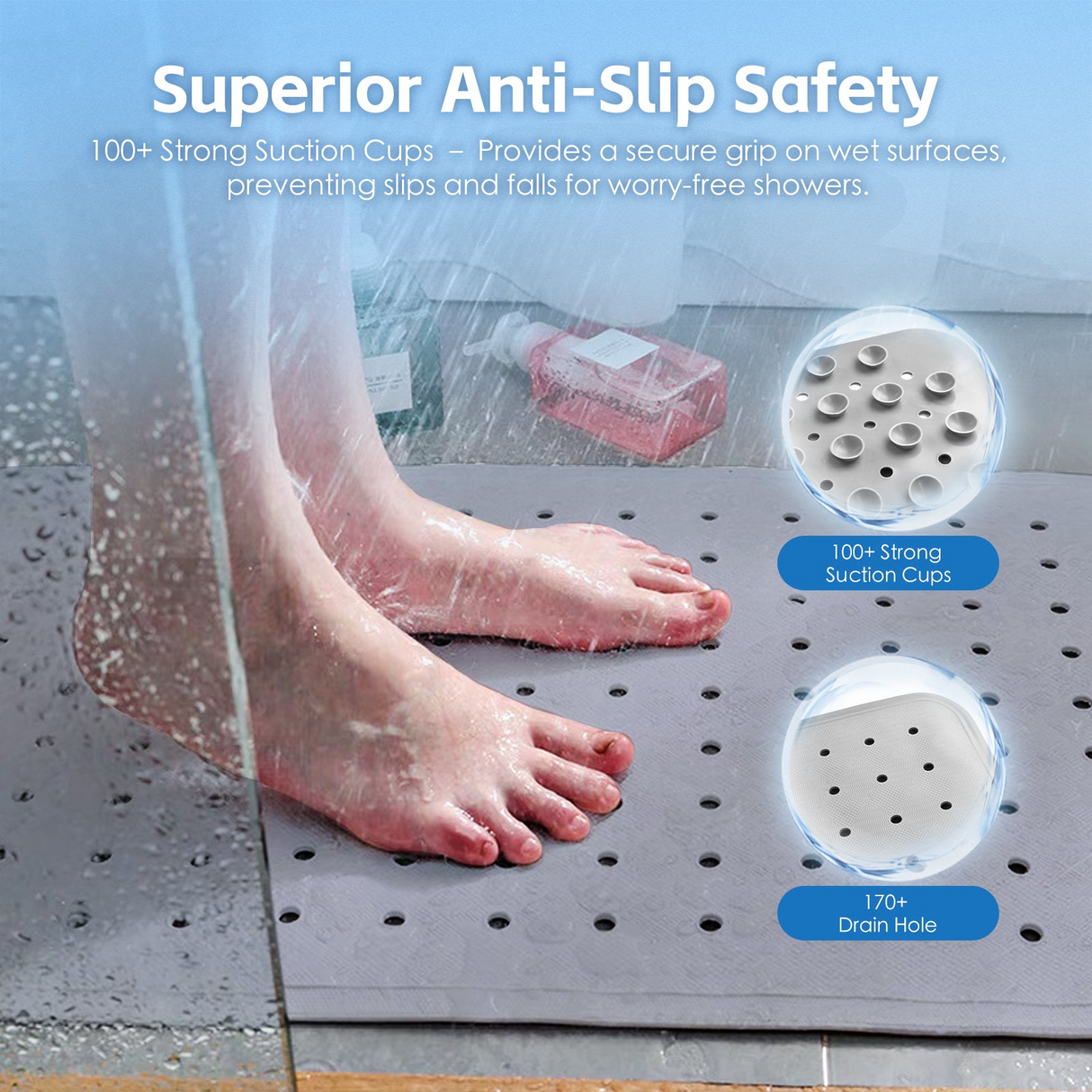 2x 70×40 cm Anti‑Slip Grip Shower Rug Bath Mat w/ 100+ Suction Cups