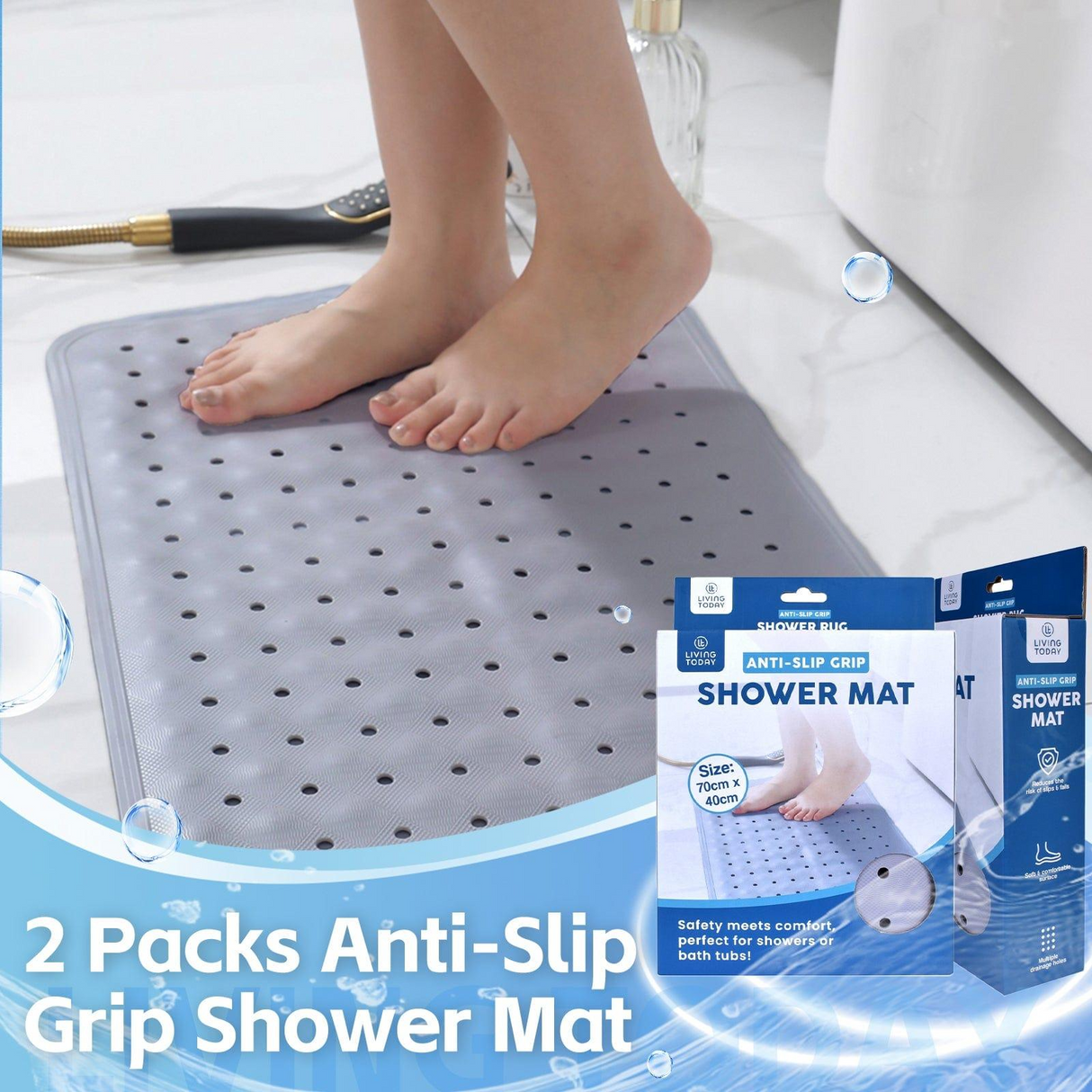 2x 70×40 cm Anti‑Slip Grip Shower Rug Bath Mat w/ 100+ Suction Cups