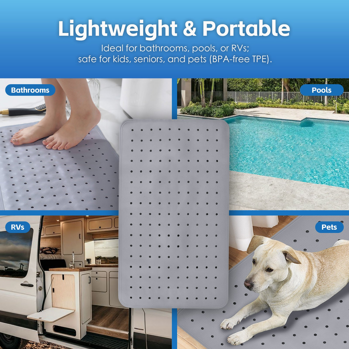 2x 70×40 cm Anti‑Slip Grip Shower Rug Bath Mat w/ 100+ Suction Cups