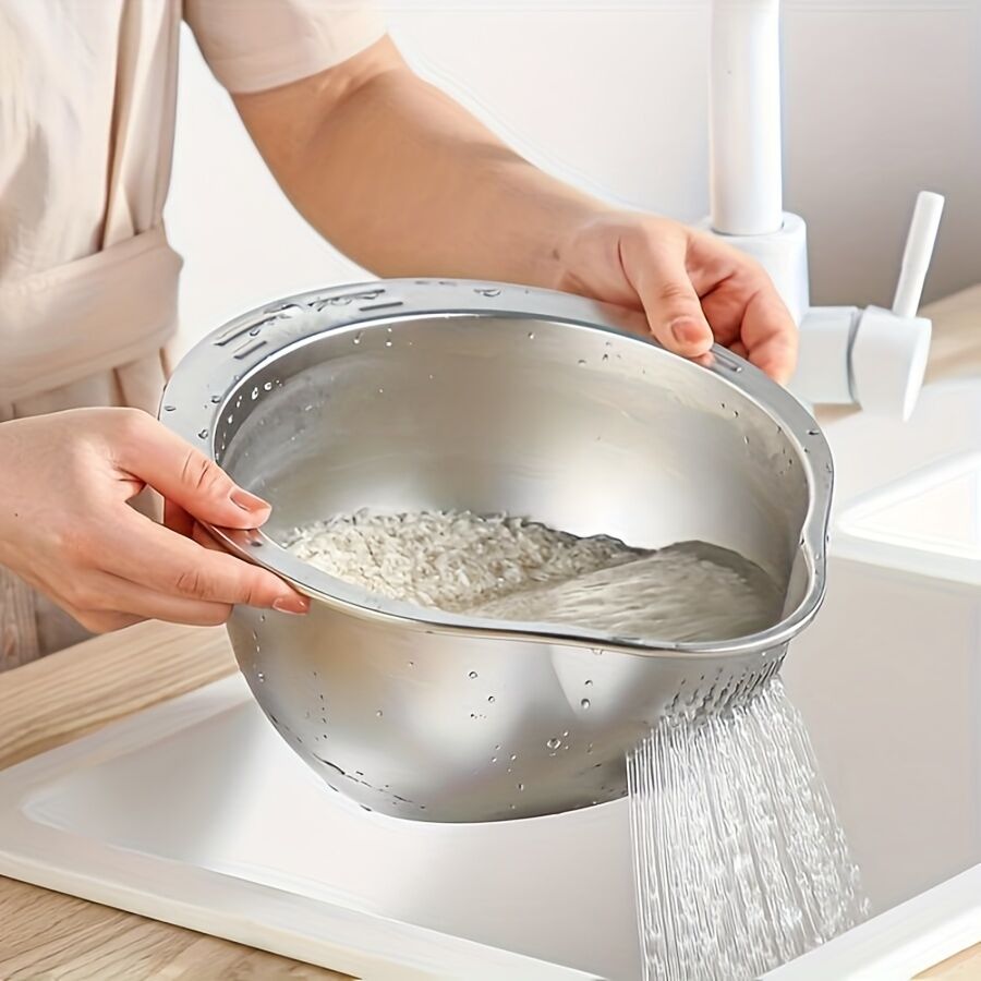 Stainless Steel Rice & Vegetable Washing Basket Drain Strainer Bowl for Kitchen in Silver