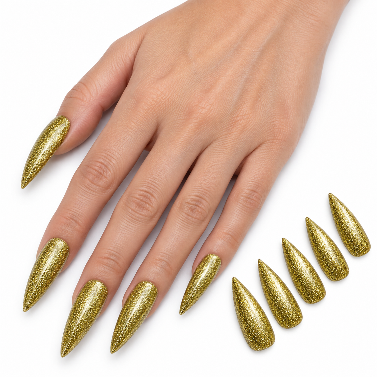 10x Long Halloween Glitter Painted Stick-On Nails Party Costume Vampire Witch - Gold