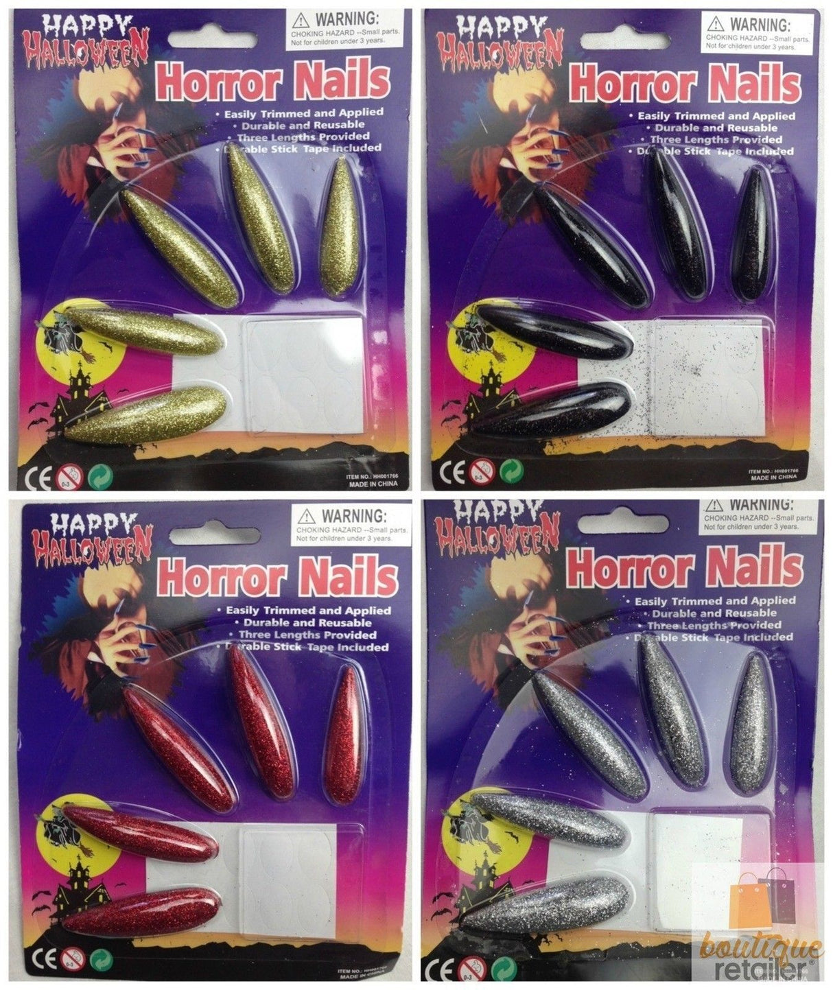 10x Long GLITTER HORROR NAILS Halloween Party Costume Accessory Vampire Witch - Black