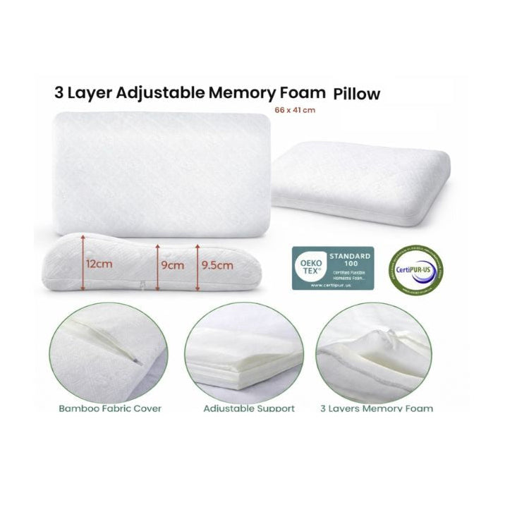 Hotel Living Bamboo 3 Layer Adjustable Memory Foam Pillow - White (Queen, 66 x 41cm)