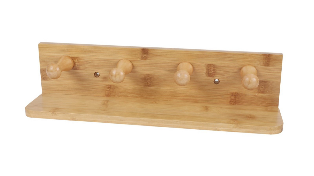Classic Bamboo Wall Shelf Home Decor Organiser Hanger Storage Rack with 4 Hooks