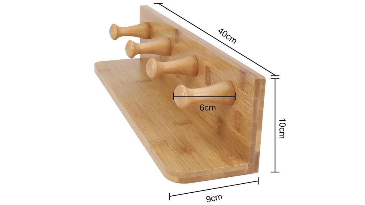 Classic Bamboo Wall Shelf Home Decor Organiser Hanger Storage Rack with 4 Hooks
