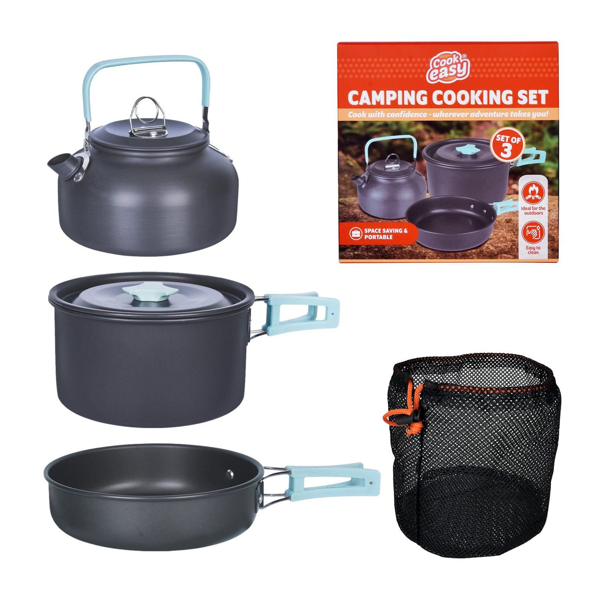 3Pcs Camping Cooking Set Lightweight Anodised Aluminium Cookware Pot Pan Teapot