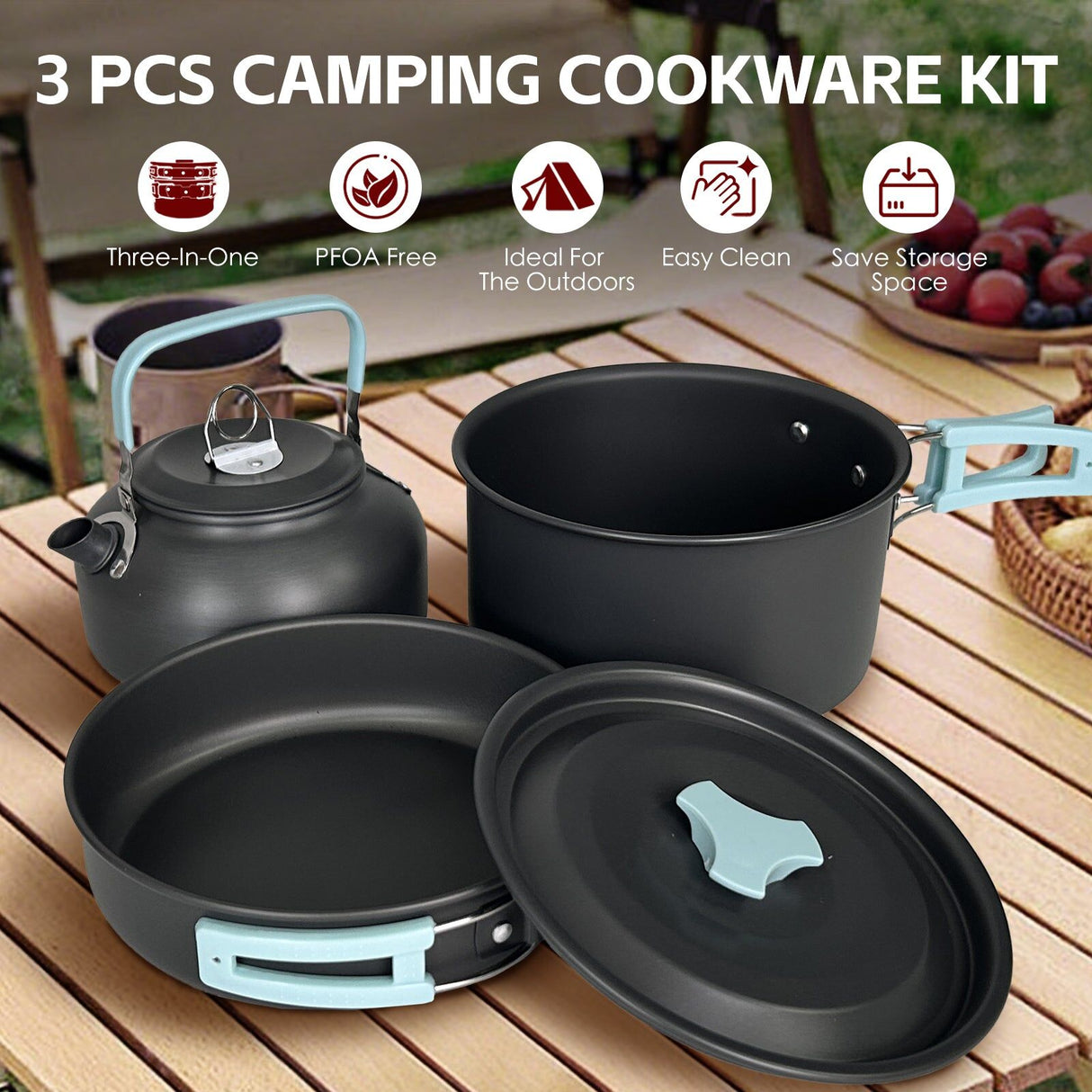 3Pcs Camping Cooking Set Lightweight Anodised Aluminium Cookware Pot Pan Teapot
