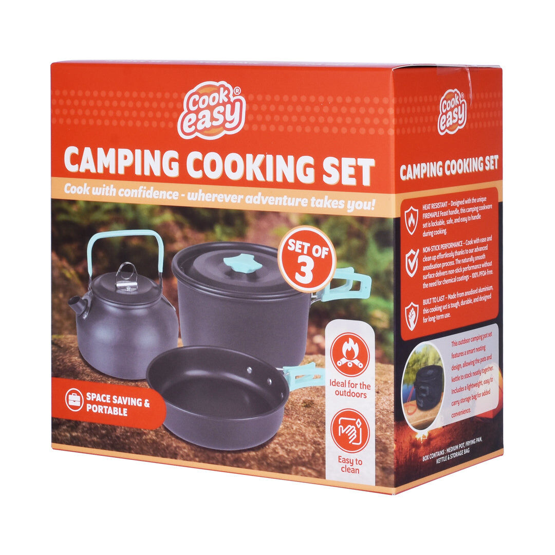 3Pcs Camping Cooking Set Lightweight Anodised Aluminium Cookware Pot Pan Teapot