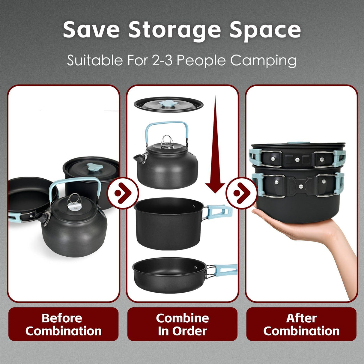 3Pcs Camping Cooking Set Lightweight Anodised Aluminium Cookware Pot Pan Teapot