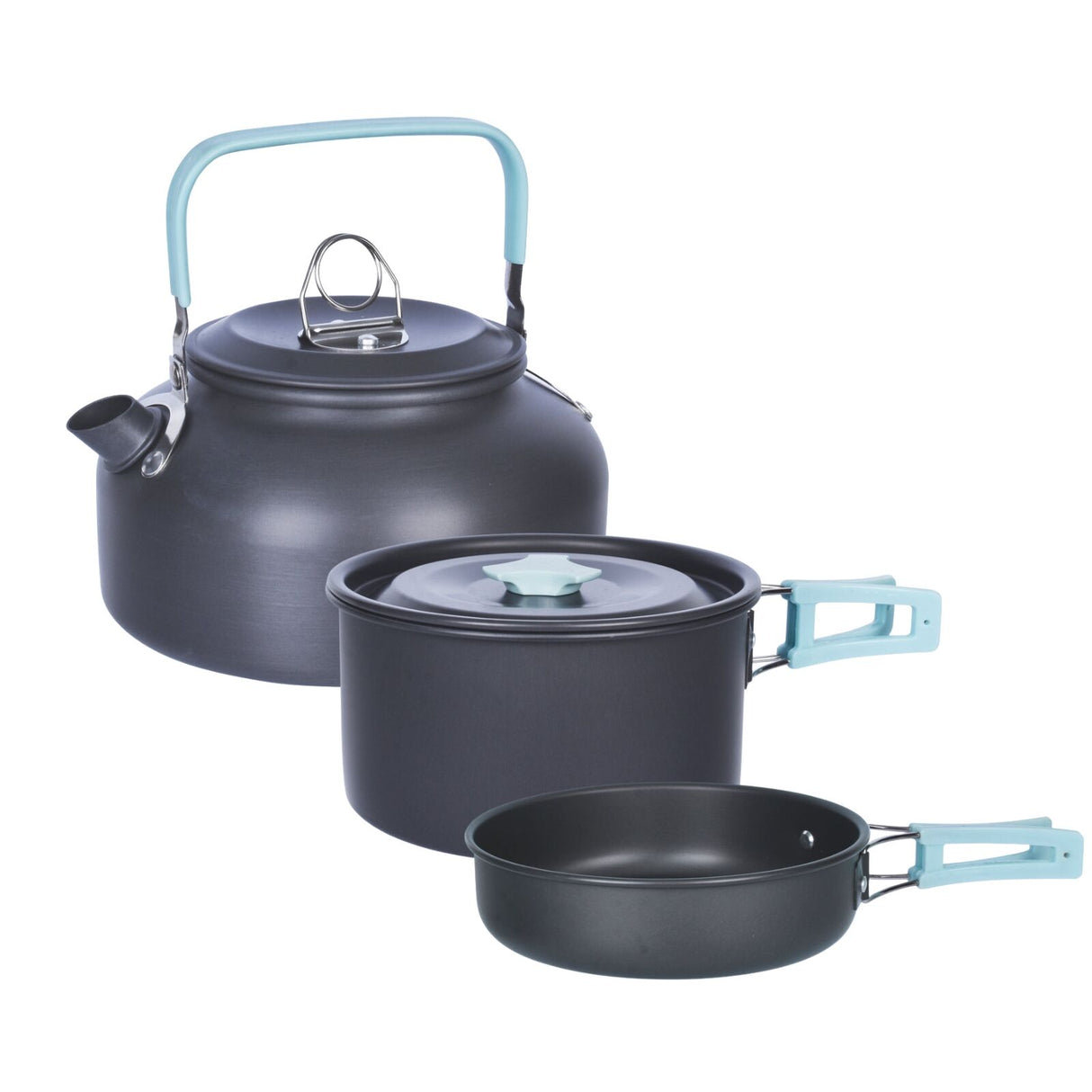 3Pcs Camping Cooking Set Lightweight Anodised Aluminium Cookware Pot Pan Teapot