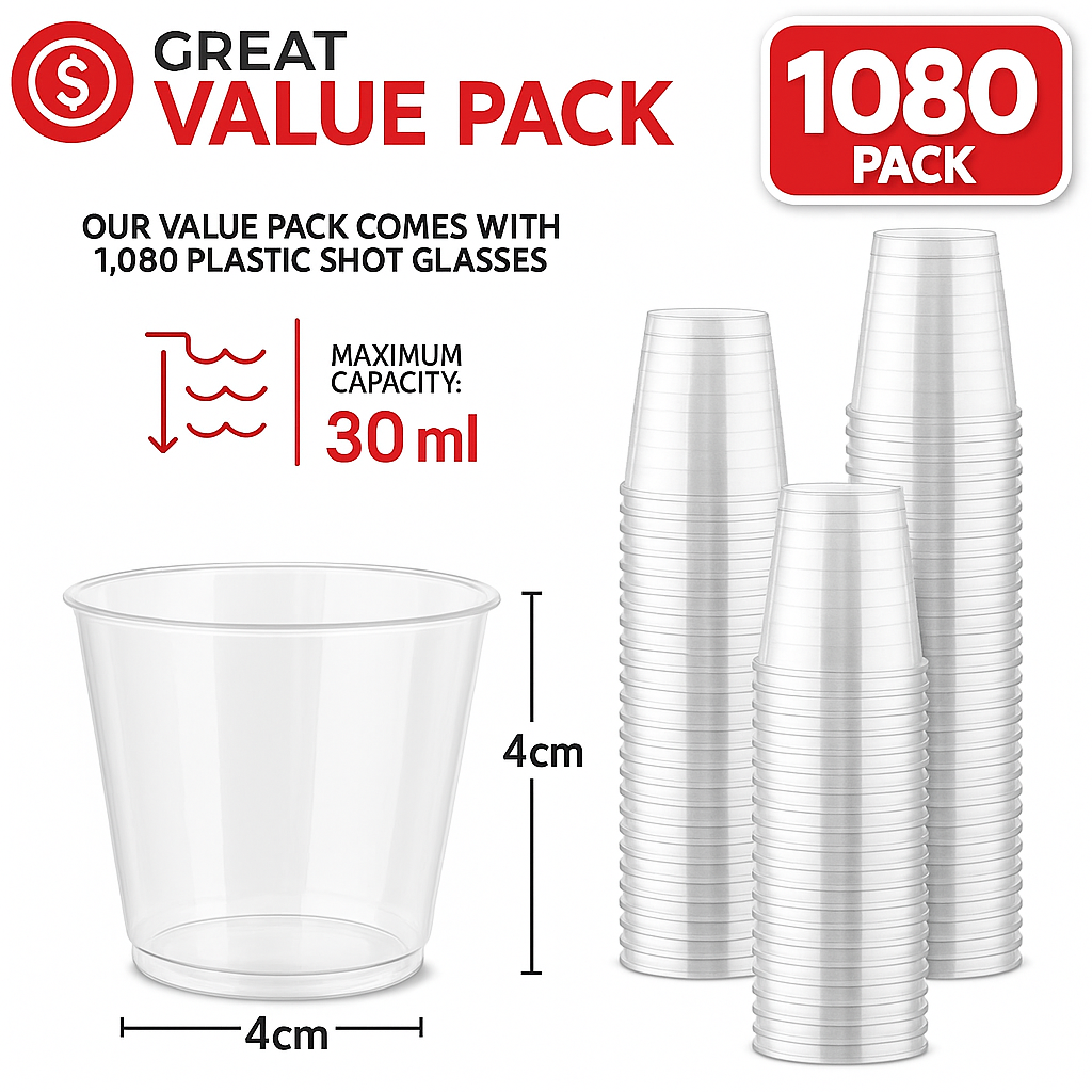 1080x 30ml Reusable & Disposable Plastic Shot Glasses - Clear Cups for Event Tastings (Bulk)