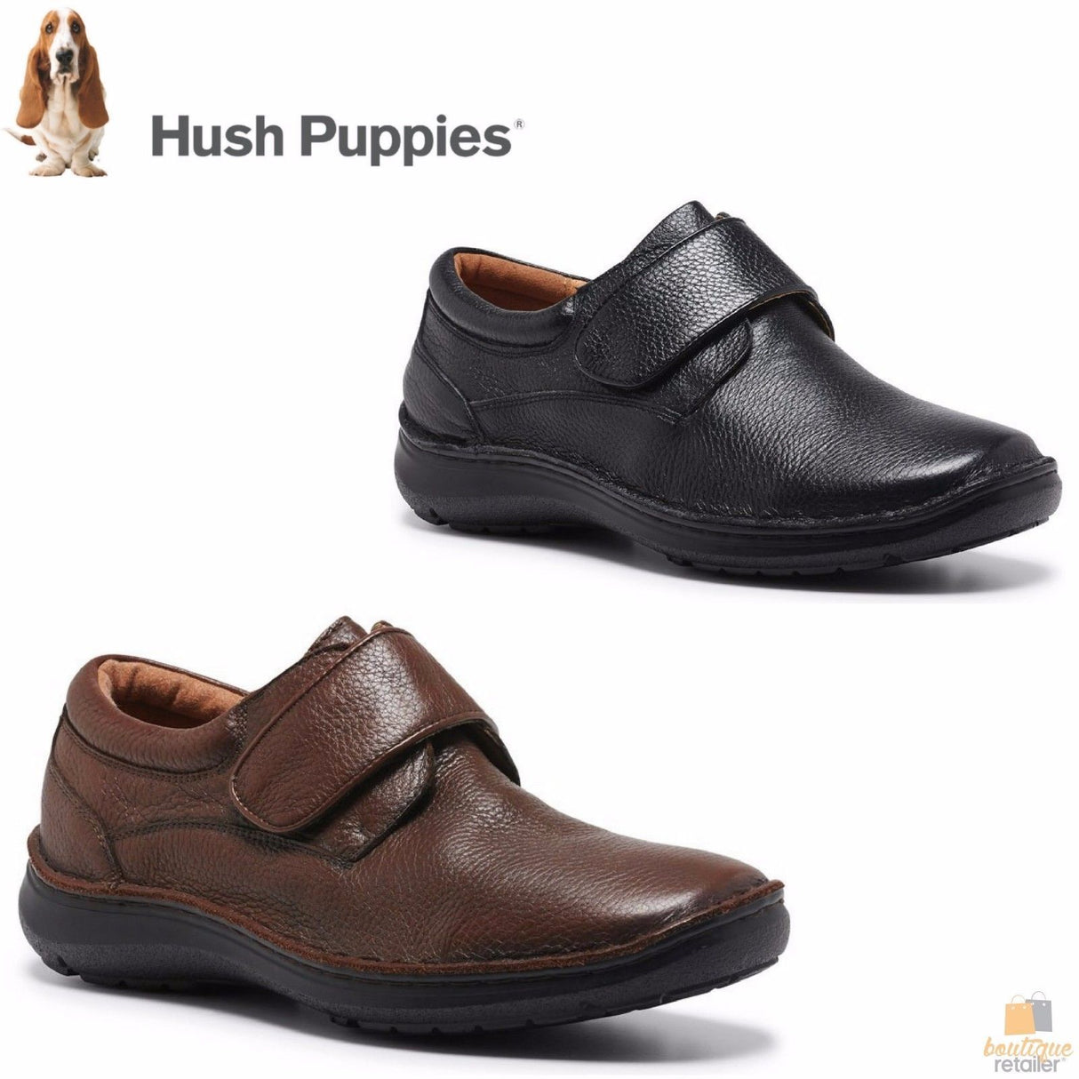 HUSH PUPPIES BLOKE Leather Shoes Slip On Extra Wide Work All Day Comfort - Brown
