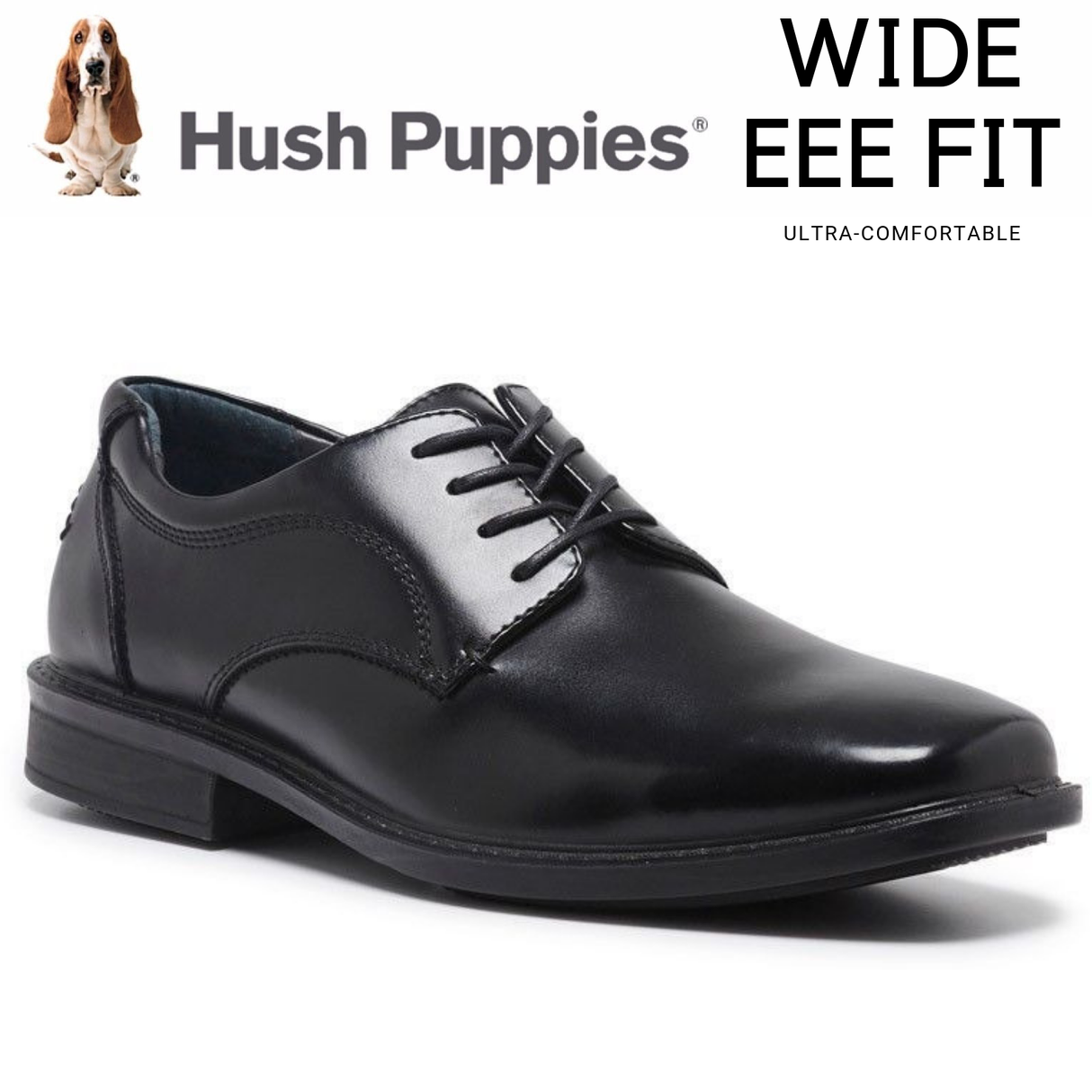 HUSH PUPPIES HEATHCOTE Leather Everyday Shoes Lace Up Extra Wide Work Business - Black