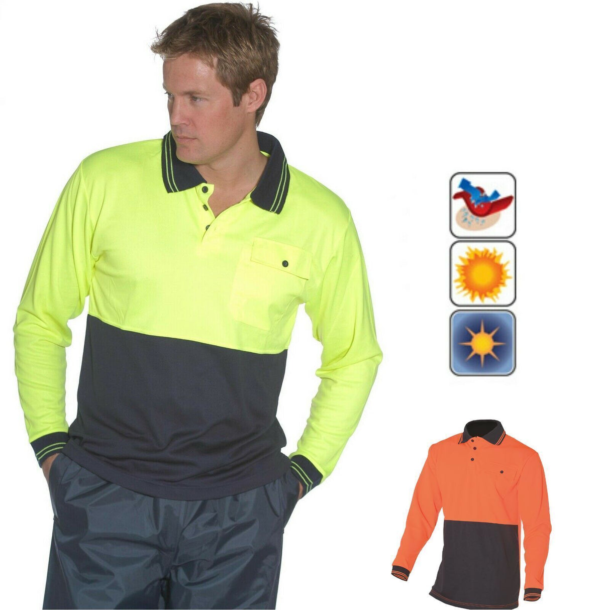 HUSKI Hi Vis Polo Shirt Long Sleeve Safety High Visibility Workwear Driver PPE - Yellow