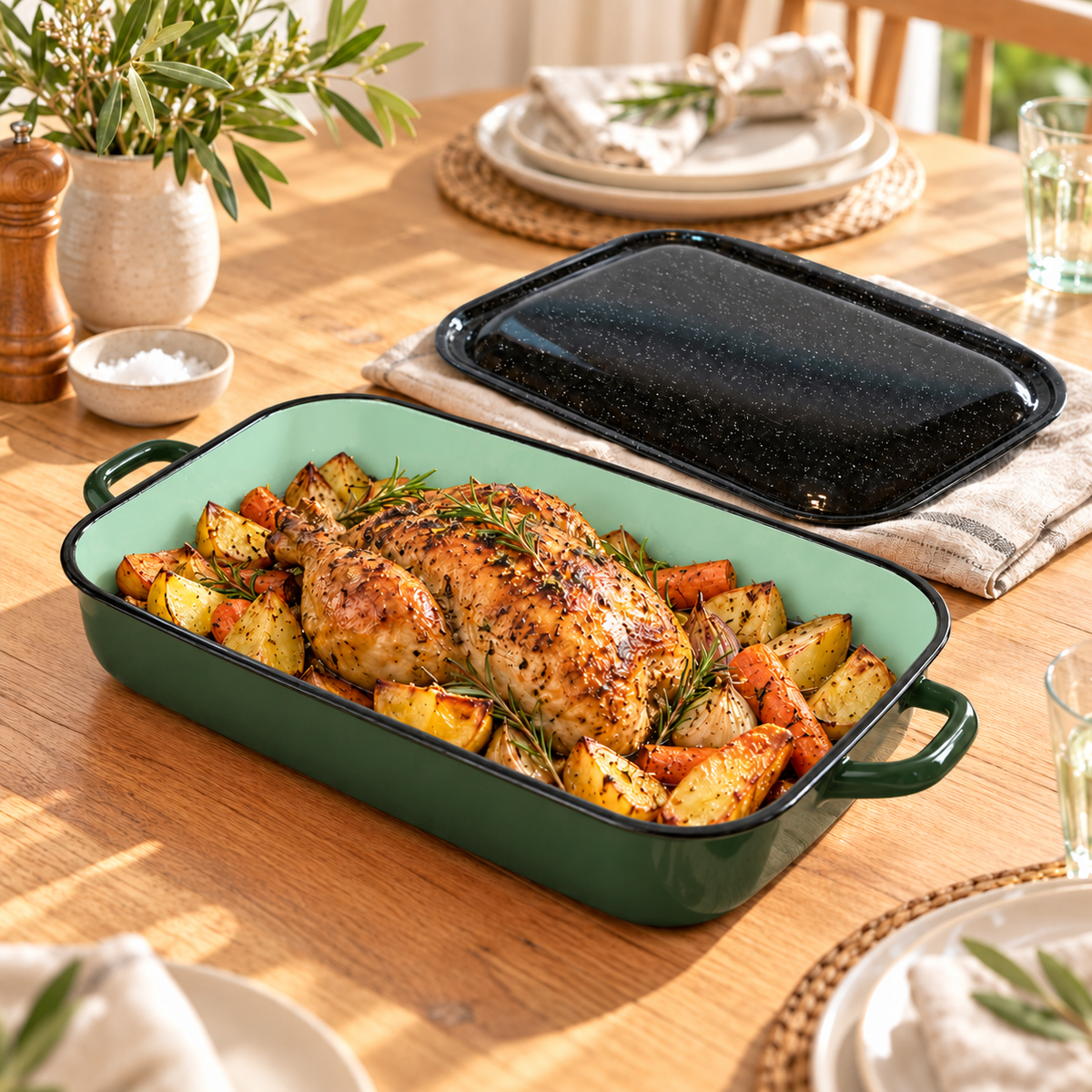 4.8L/36cm Enamelware Induction Baking Dish w/ Handles & Lid - Green (Handmade in Romania)