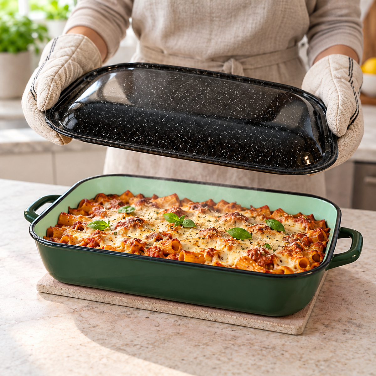 4.8L/36cm Enamelware Induction Baking Dish w/ Handles & Lid - Green (Handmade in Romania)