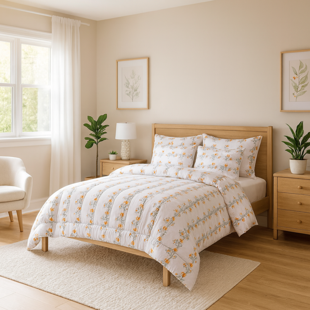 Fleur Line Queen Comforter Set w/ Fitted Sheet & 4 Pillow Covers - Orange/White (6 Piece Set)