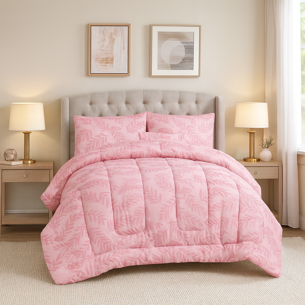 Olea Meadow Single Comforter Set w/ Fitted Sheet & 2 Pillow Covers - Pink (4 Piece Set)