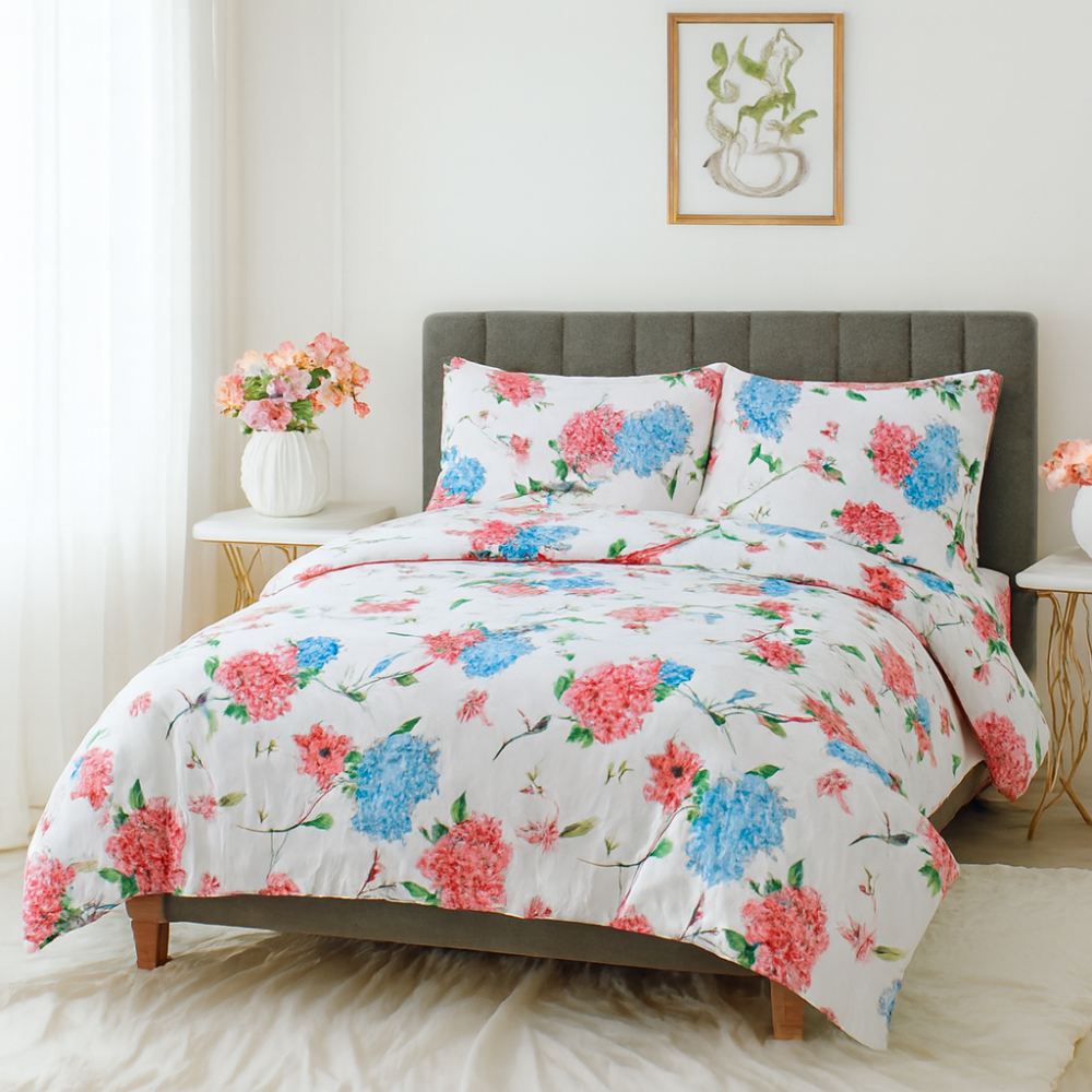 Meadow Bouquet Double Comforter Set w/ Fitted Sheet & 4 Pillow Covers - Pink/Blue (6 Piece Set)