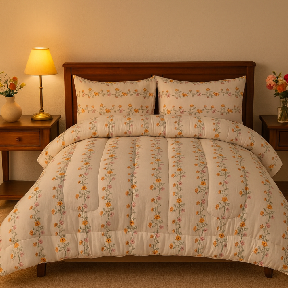 Fleur Line Queen Comforter Set w/ Fitted Sheet & 4 Pillow Covers - Orange/White (6 Piece Set)