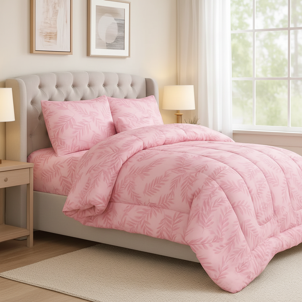 Olea Meadow Single Comforter Set w/ Fitted Sheet & 2 Pillow Covers - Pink (4 Piece Set)