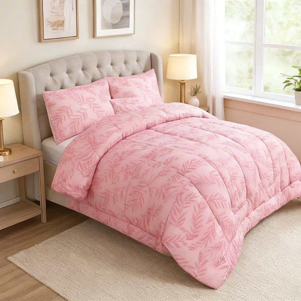 Olea Meadow Single Comforter Set w/ Fitted Sheet & 2 Pillow Covers - Pink (4 Piece Set)
