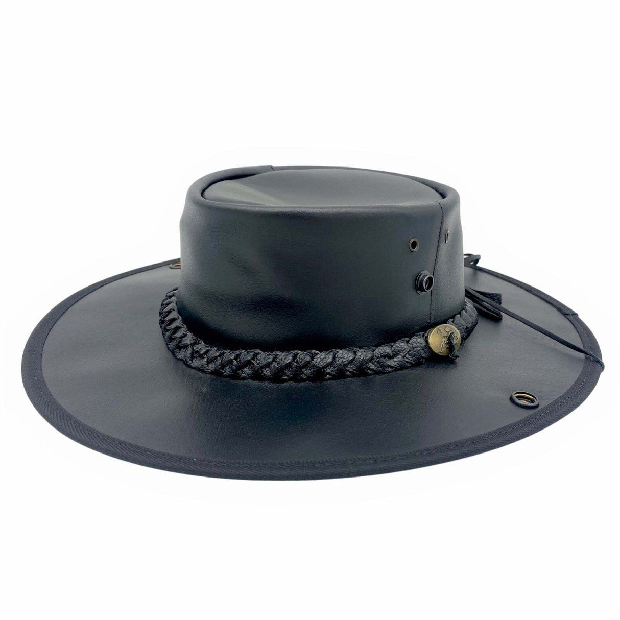 Jacaru Boundary Rider Anzac Style Bovine Cow Leather Hat Chinstrap Side Snaps - Black
