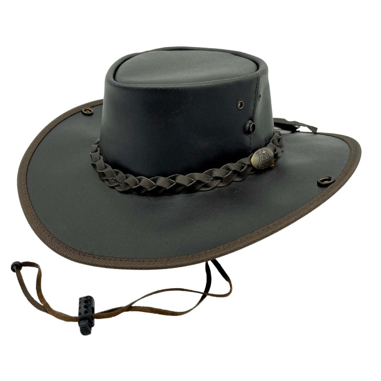 Jacaru Boundary Rider Anzac Style Bovine Cow Leather Hat Chinstrap Side Snaps - Brown