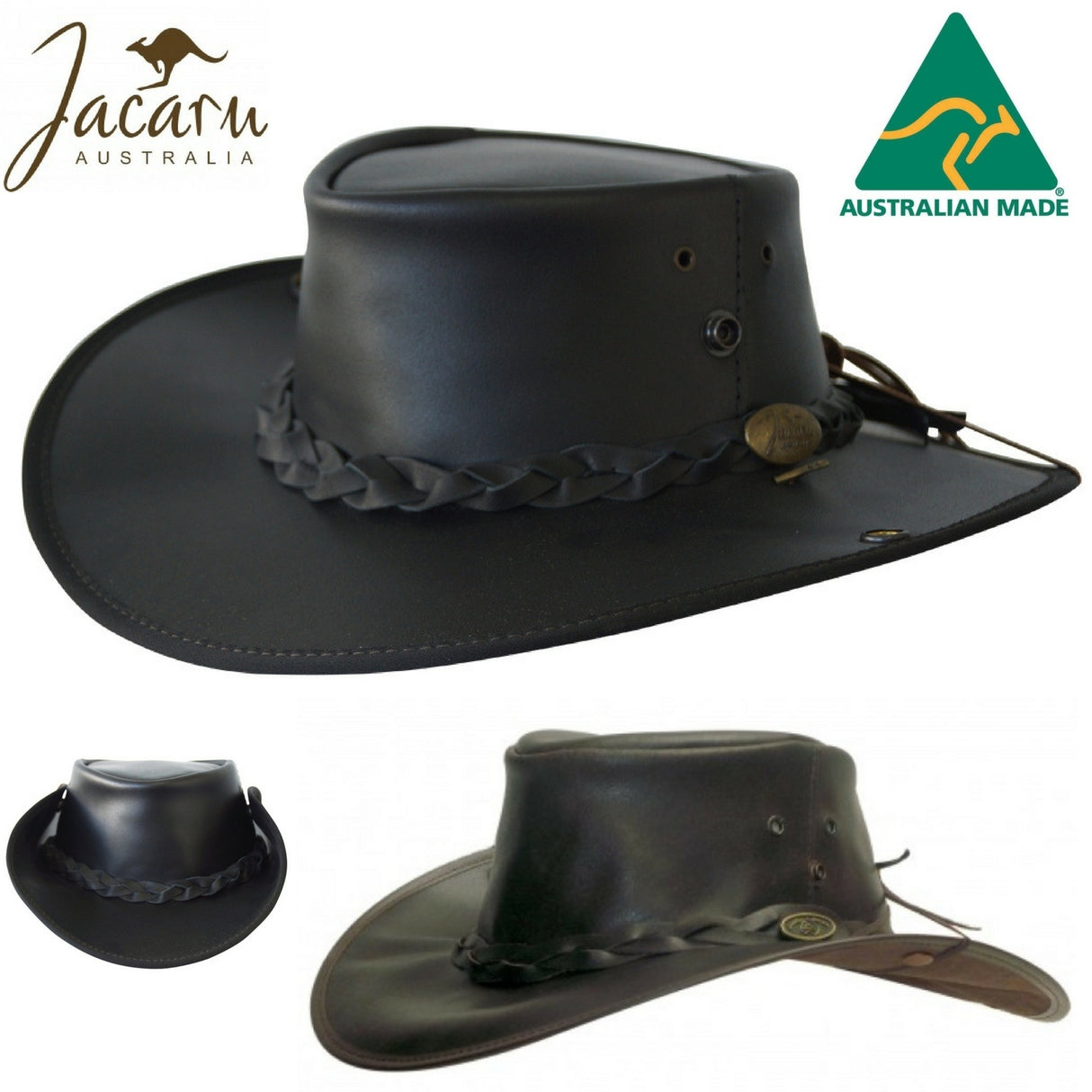 Jacaru Boundary Rider Anzac Style Bovine Cow Leather Hat Chinstrap Side Snaps - Black