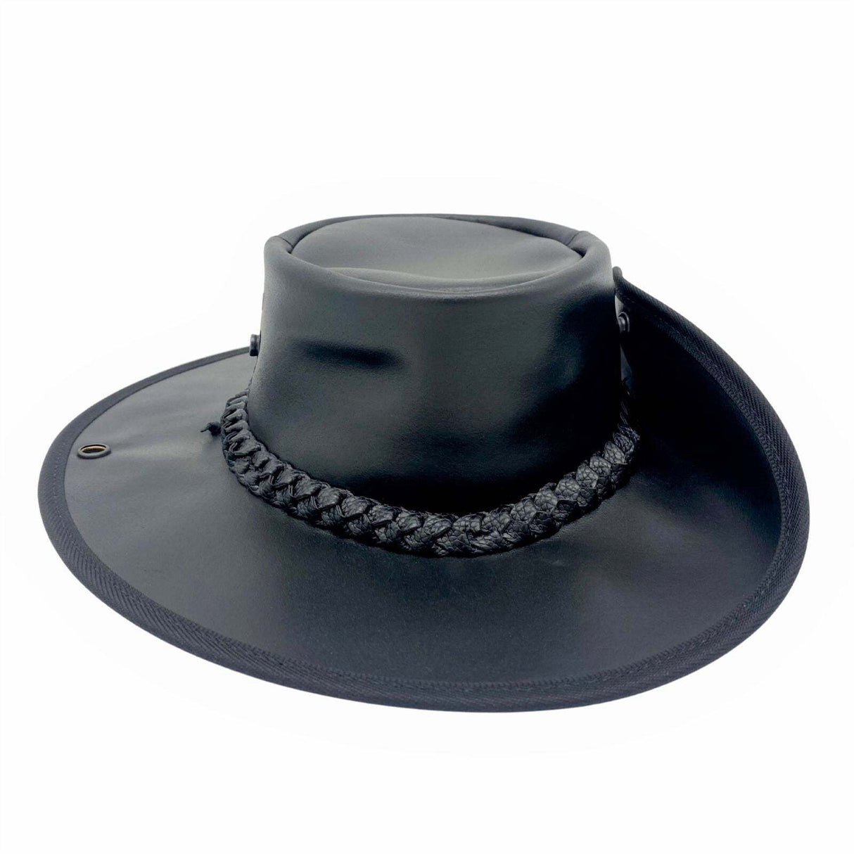 Jacaru Boundary Rider Anzac Style Bovine Cow Leather Hat Chinstrap Side Snaps - Black