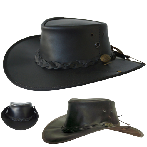 Jacaru Boundary Rider Anzac Style Bovine Cow Leather Hat Chinstrap Side Snaps - Brown