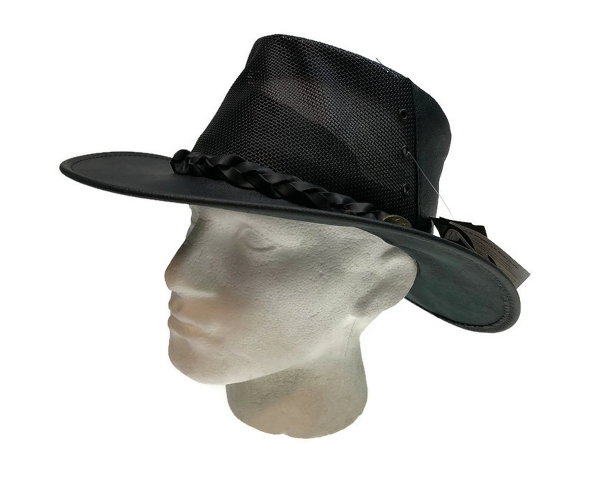 JACARU Full Grain Kangaroo Leather Breeze Cooler Hat Oil Skin Mesh Vent Outback - Brown