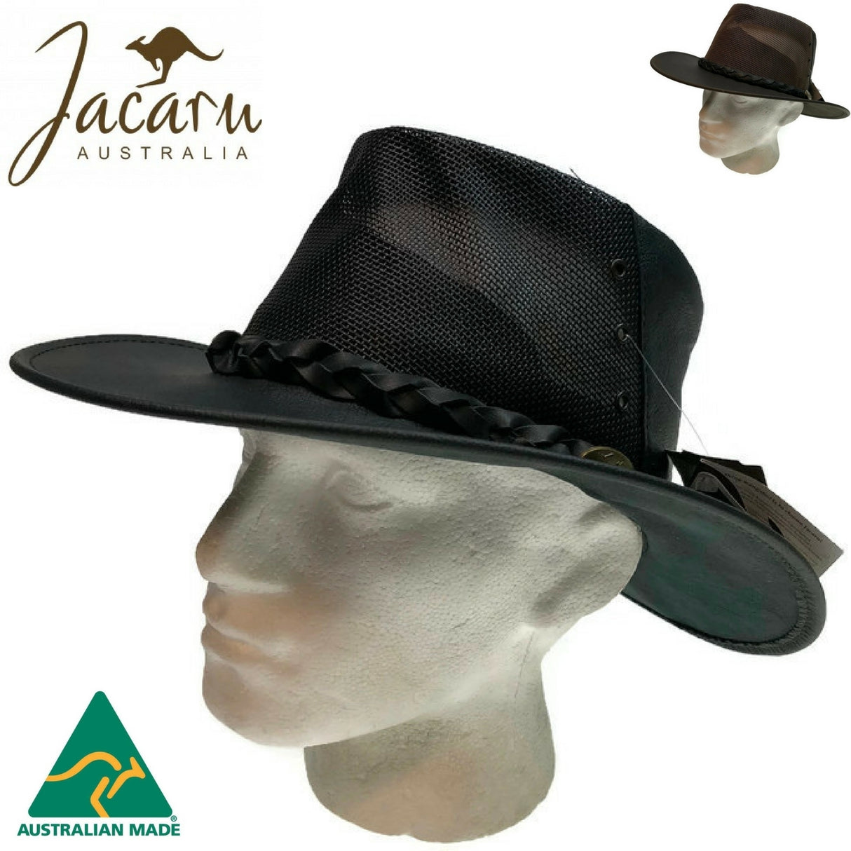 JACARU Full Grain Kangaroo Leather Breeze Cooler Hat Oil Skin Mesh Vent Outback - Black