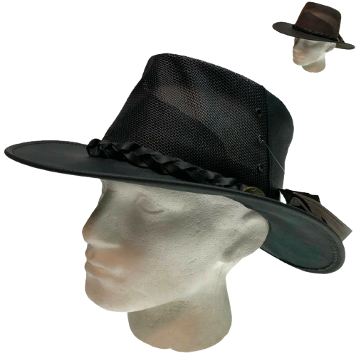 JACARU Full Grain Kangaroo Leather Breeze Cooler Hat Oil Skin Mesh Vent Outback - Brown