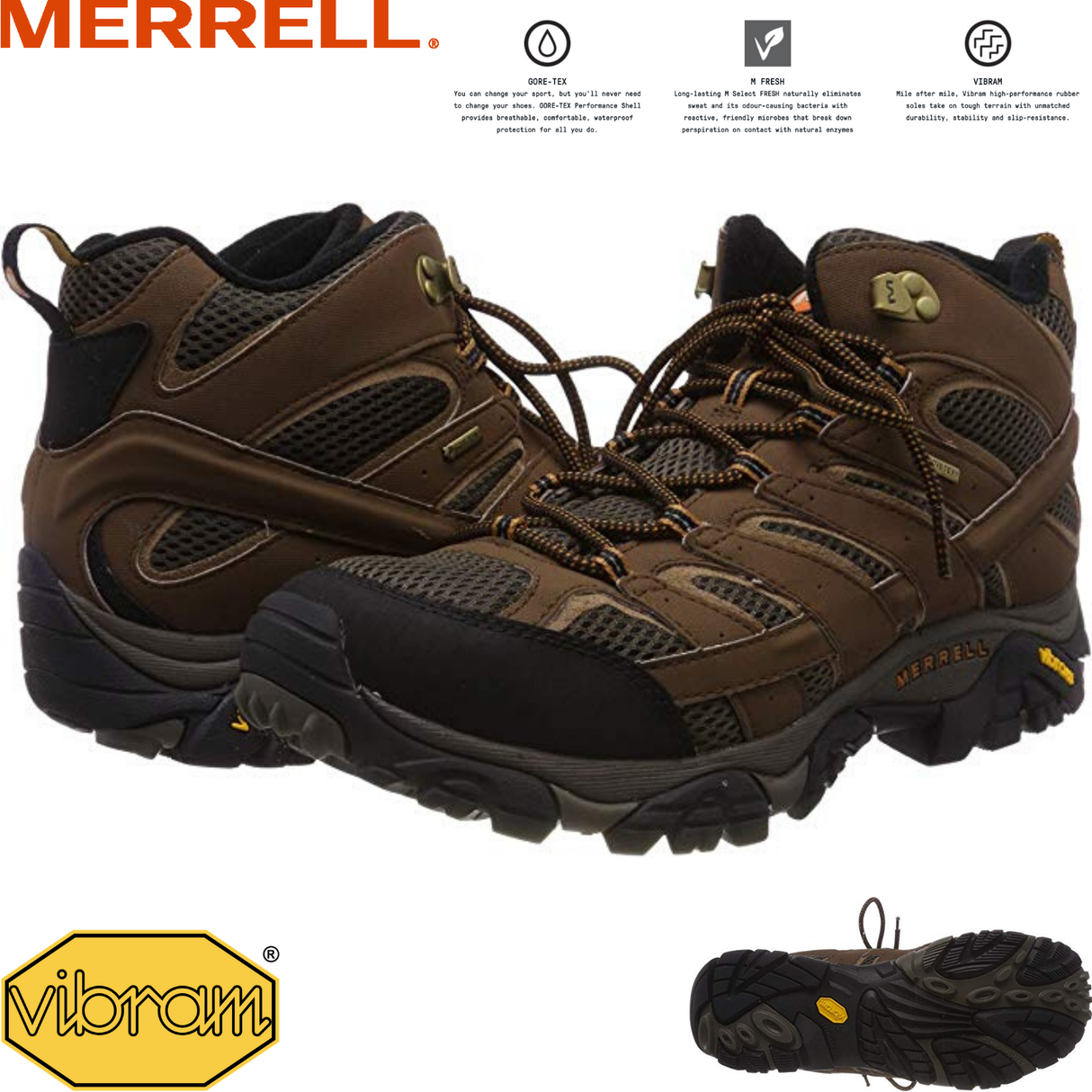 Merrell Mens Moab 2 Mid GTX Gore-Tex Hiking Shoes Boots Trail Outdoor - Earth