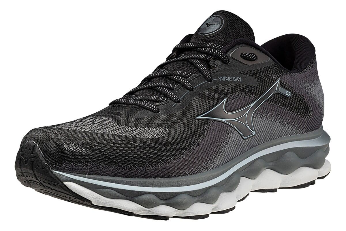 Mens Mizuno Wave Sky 7 2E Wide Black/Glacial Ridge/Stormy Weather, Size 11.5