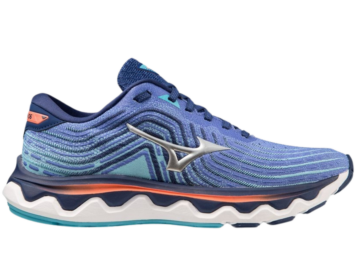 Mizuno Women's Wave Horizon 6 Running Shoes in Dazzling Blue/Silver/Neon Flame – Size 7.5