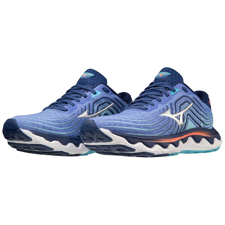 Mizuno Women's Wave Horizon 6 Running Shoes in Dazzling Blue/Silver/Neon Flame – Size 7.5