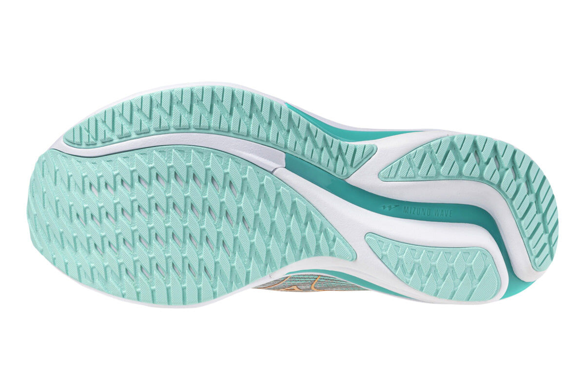 Mizuno Womens Wave Rider 28 (D Wide) in Harbor Mist/White/Aruba Blue