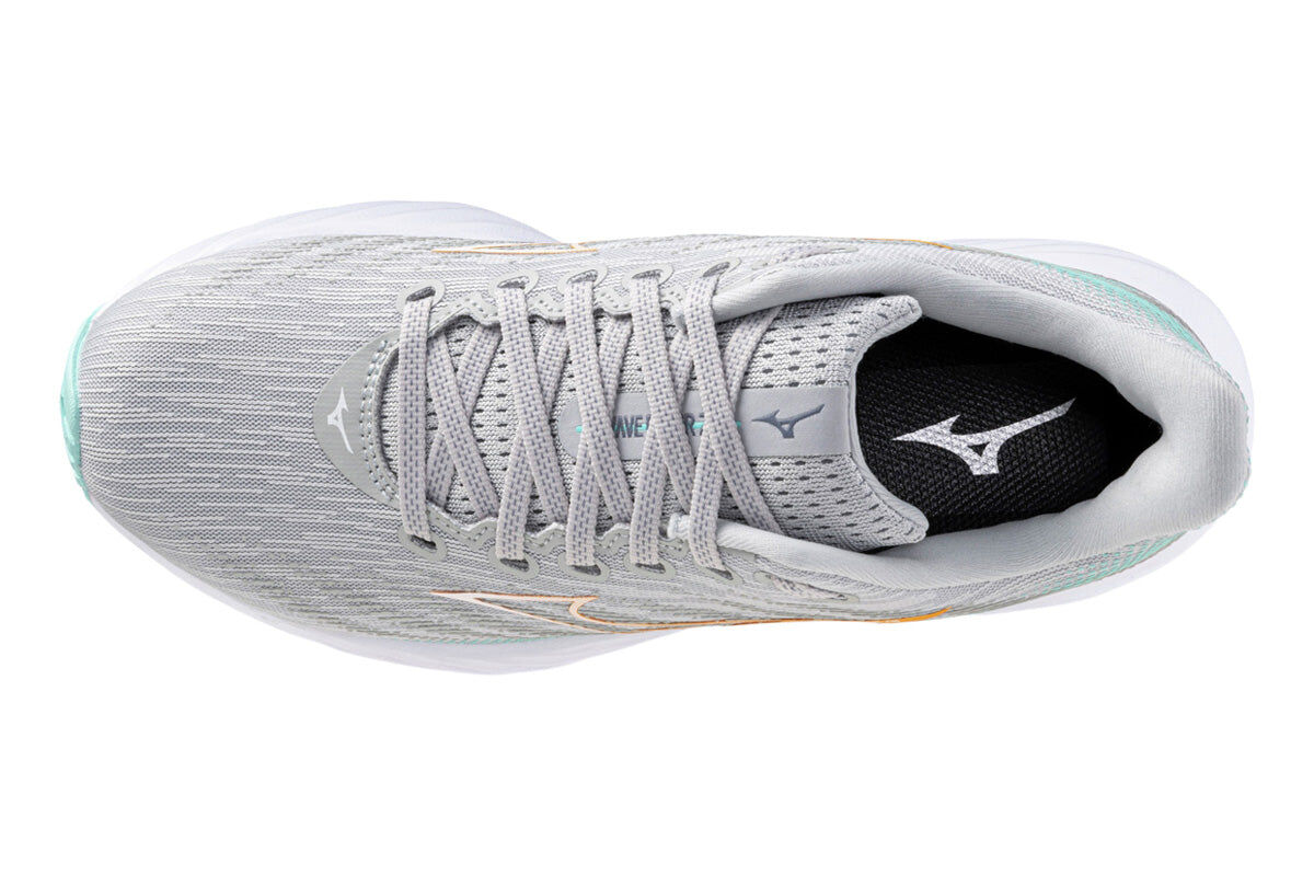Mizuno Womens Wave Rider 28 (D Wide) in Harbor Mist/White/Aruba Blue