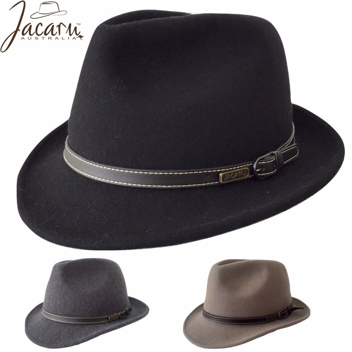JACARU Australian Wool Hat Trilby Fedora 100% WOOL Crushable Travel Genuine 1848 - Black