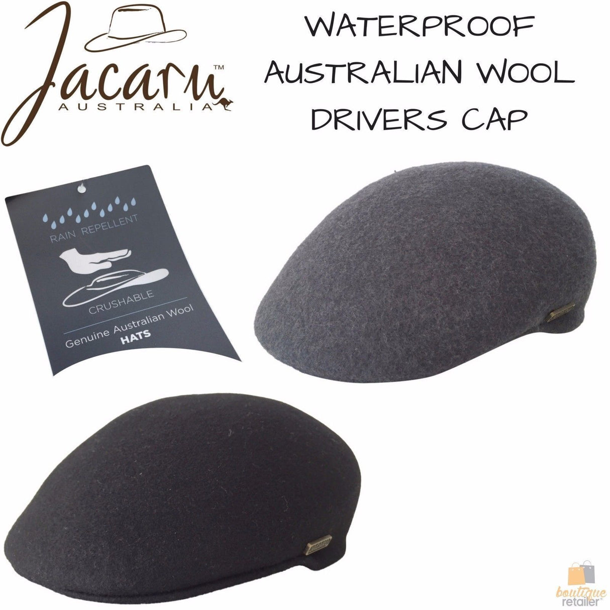 JACARU 100% Wool Felt Ivy Hat Australian Waterproof Drivers Flat 1850 Warm Aston - Charcoal