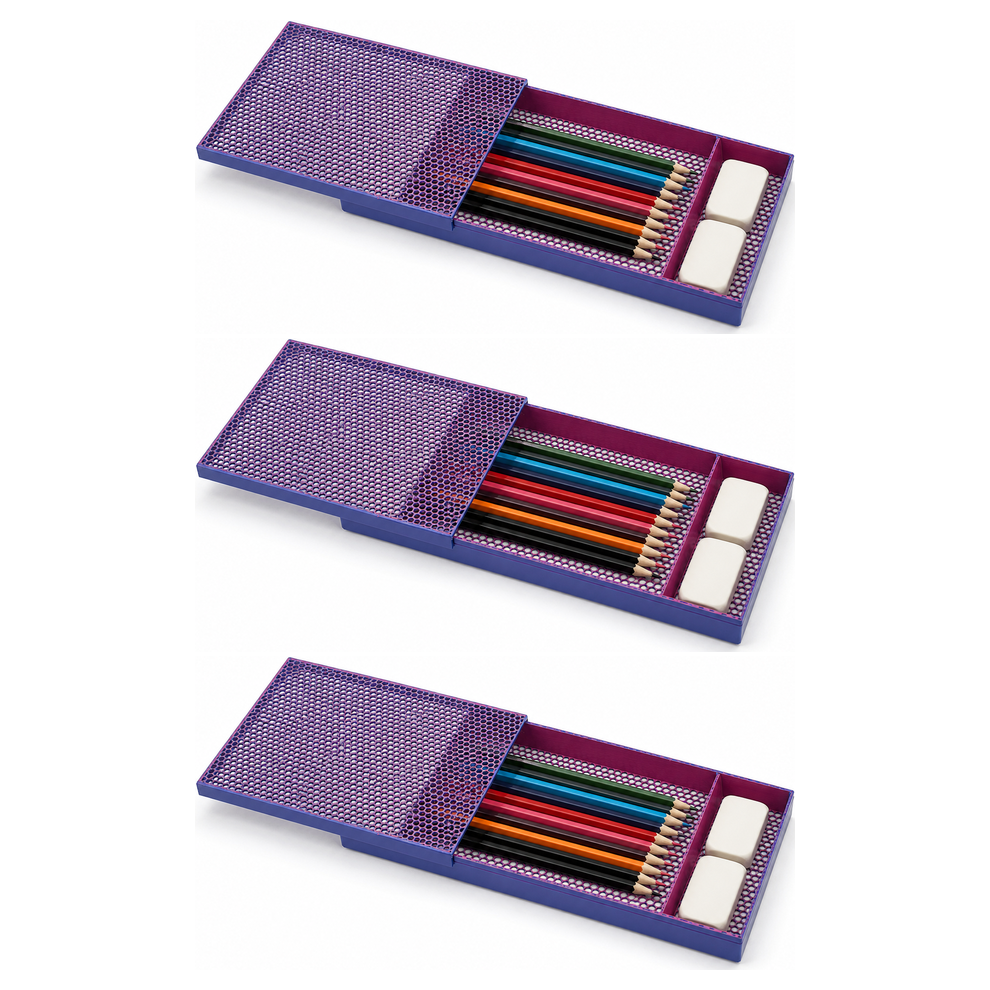3x Honeycomb Slide Lid Pencil Case and Desk Drawer Organiser Pack (24x12cm)