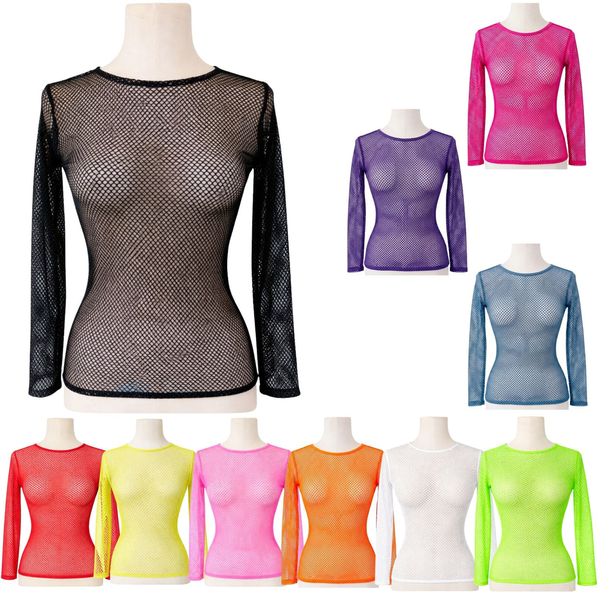 3x Womens Assorted Colours Fishnet Mesh Long Sleeve Sheer Top Bulk Pack - See Through Party Costume
