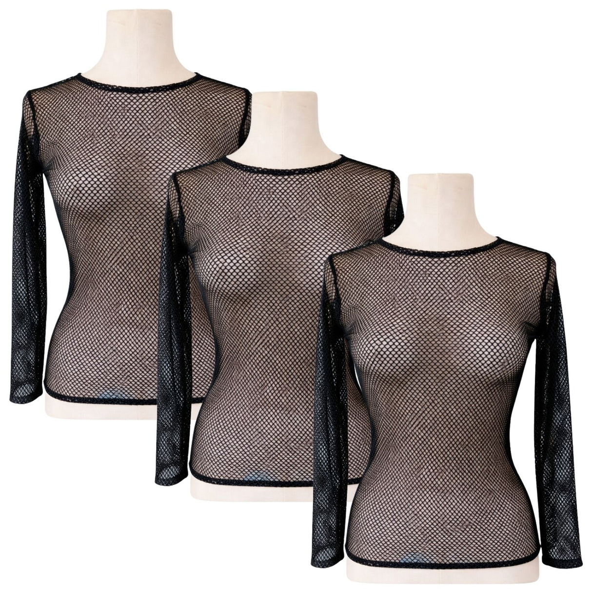 3x Womens Black Fishnet Mesh Long Sleeve Sheer Top Bulk Pack - See Through Party Costume