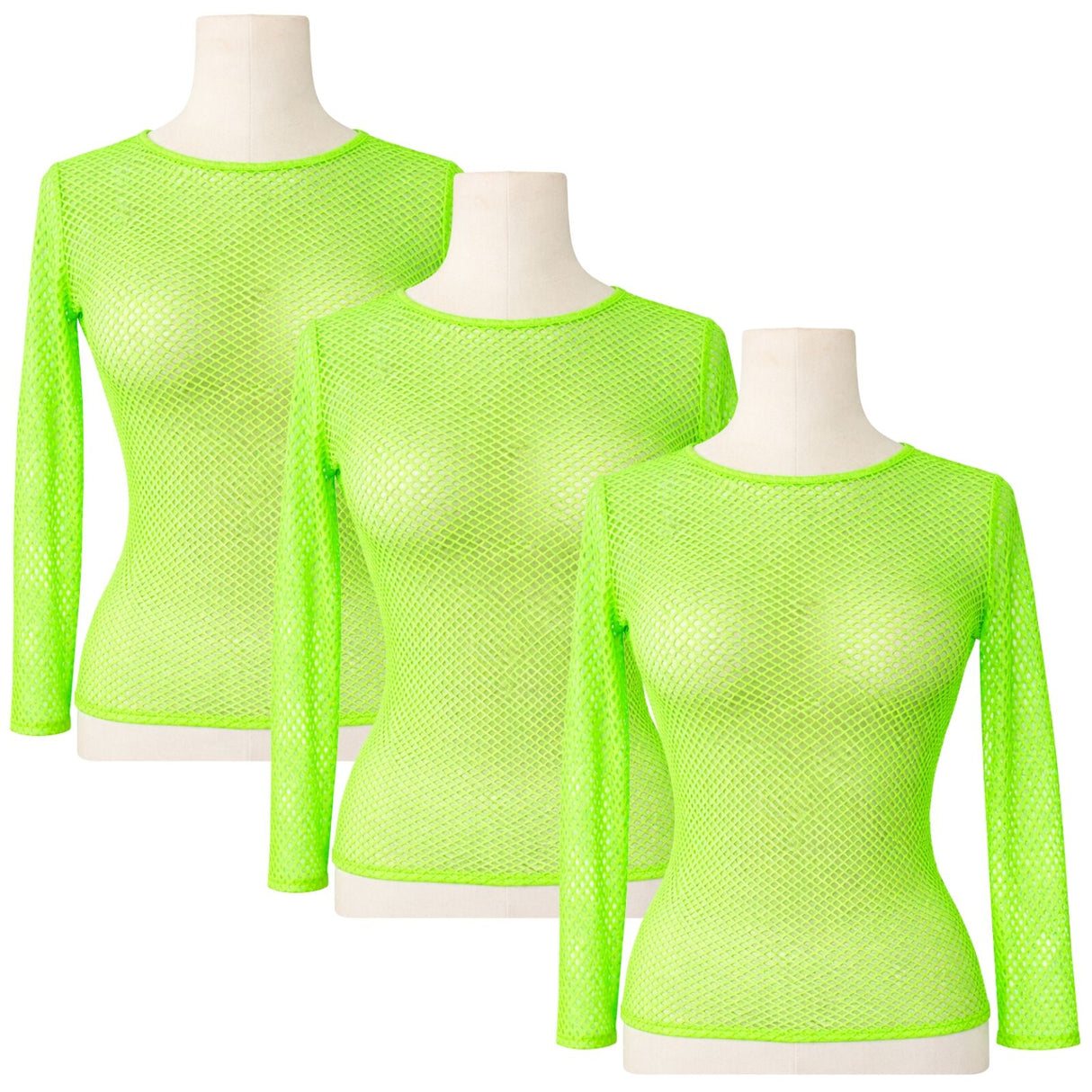 3x Womens Fluro Green Fishnet Mesh Long Sleeve Sheer Top Bulk Pack - See Through Party Costume
