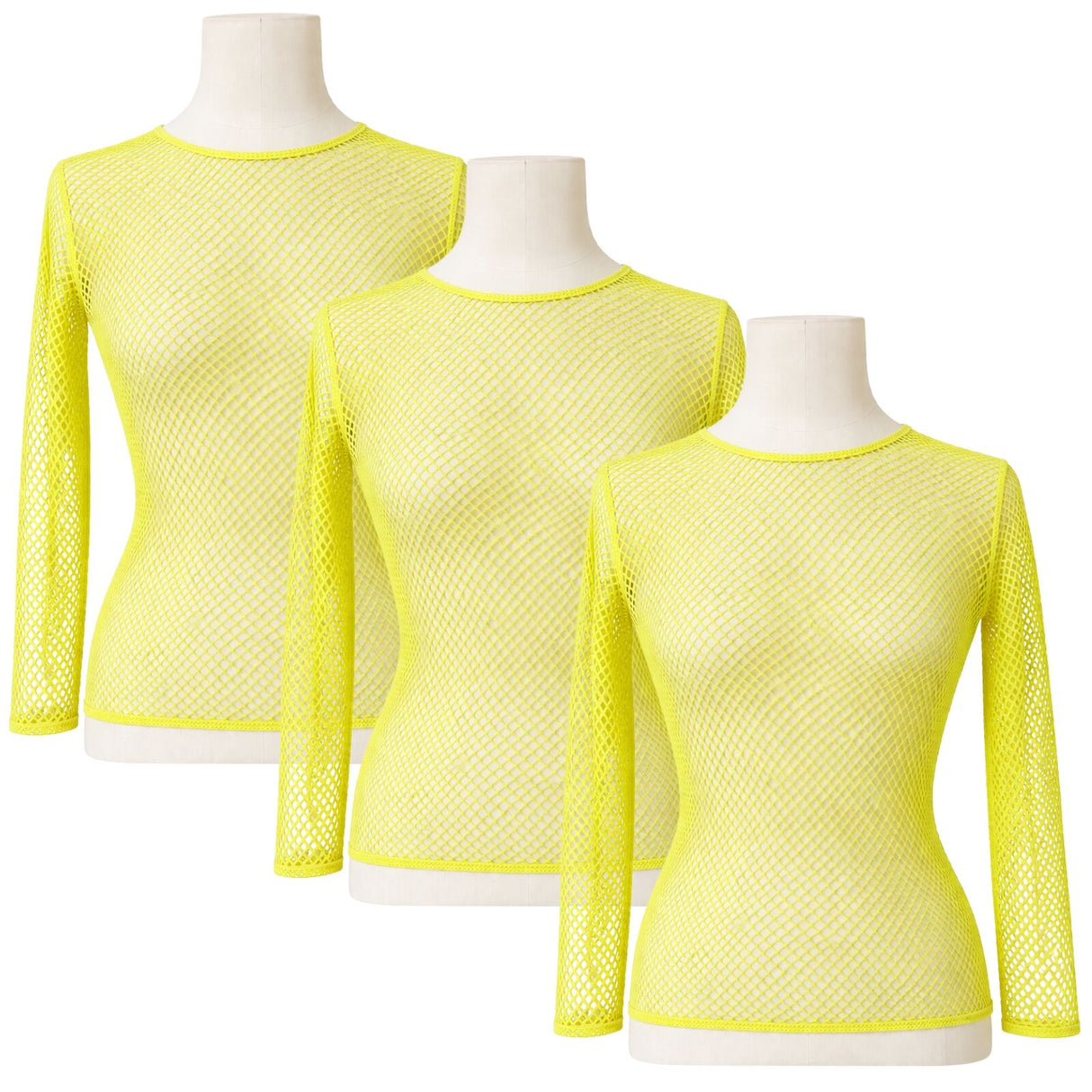 3x Womens Fluro Yellow Fishnet Mesh Long Sleeve Sheer Top Bulk Pack - See Through Party Costume