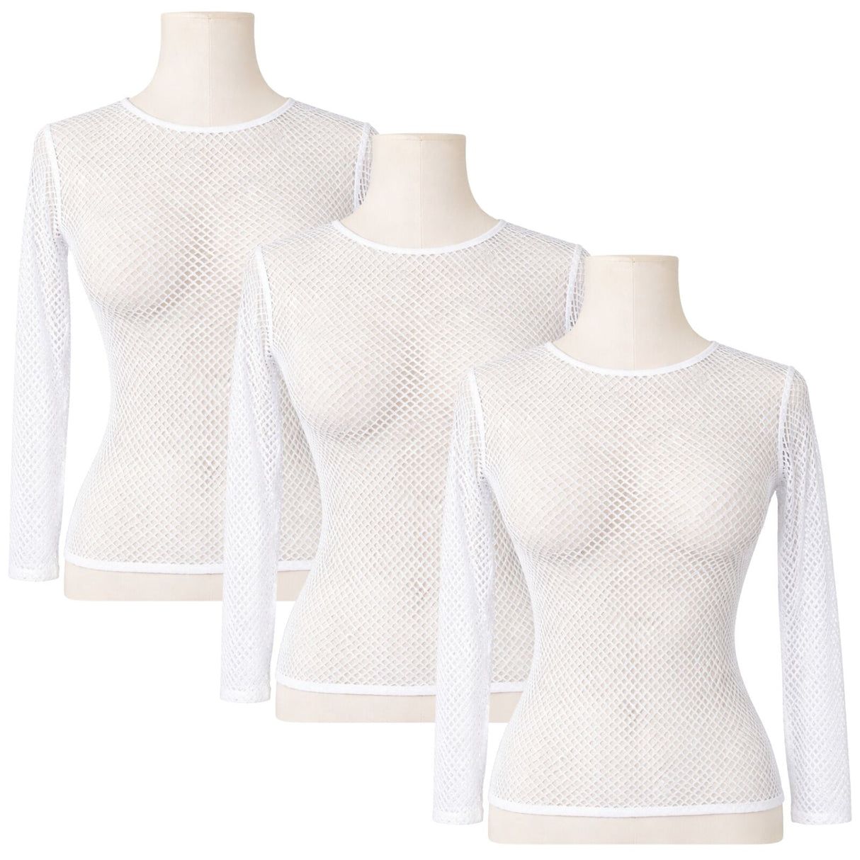 3x Womens White Fishnet Mesh Long Sleeve Sheer Top Bulk Pack - See Through Party Costume
