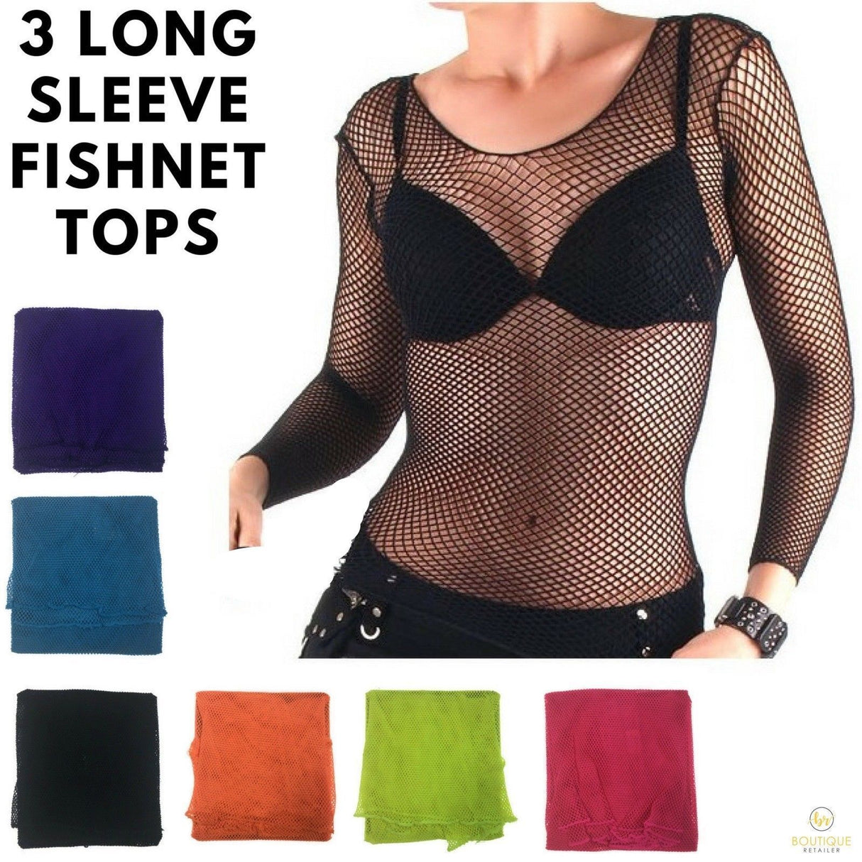 3x LONG SLEEVE FISHNET TOP Blouse T Shirt Tee Costume Party See Through - Blue