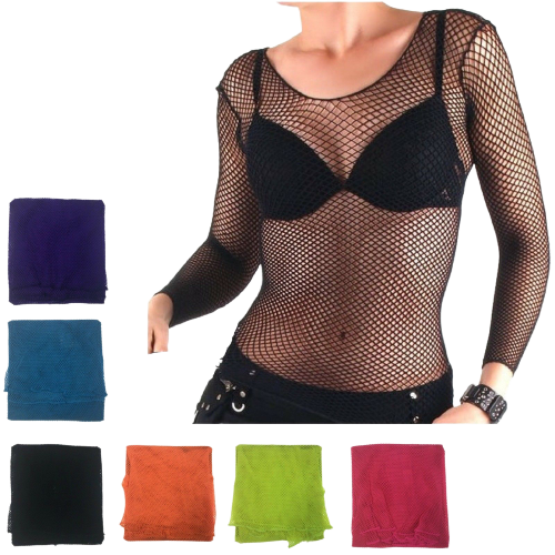 3x LONG SLEEVE FISHNET TOP Blouse T Shirt Tee Costume Party See Through - Black